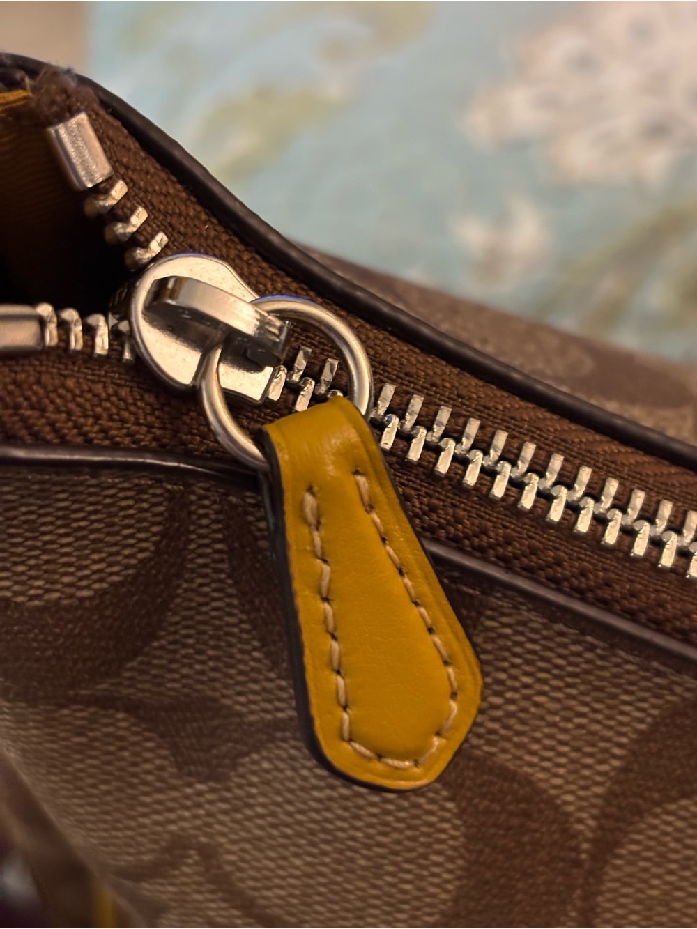 Coach Signature Canvas Leather Zip Shoulder Hobo Bag Tan Brown with Yellow Trim - Picture 5 of 11